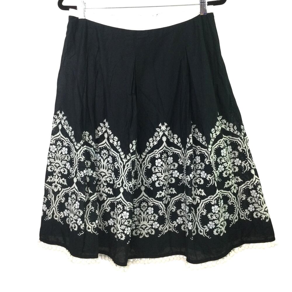 LOFT Floral Whimsygoth Embellished Pleated Whimsical Pom Pom Cotton Skirt 10